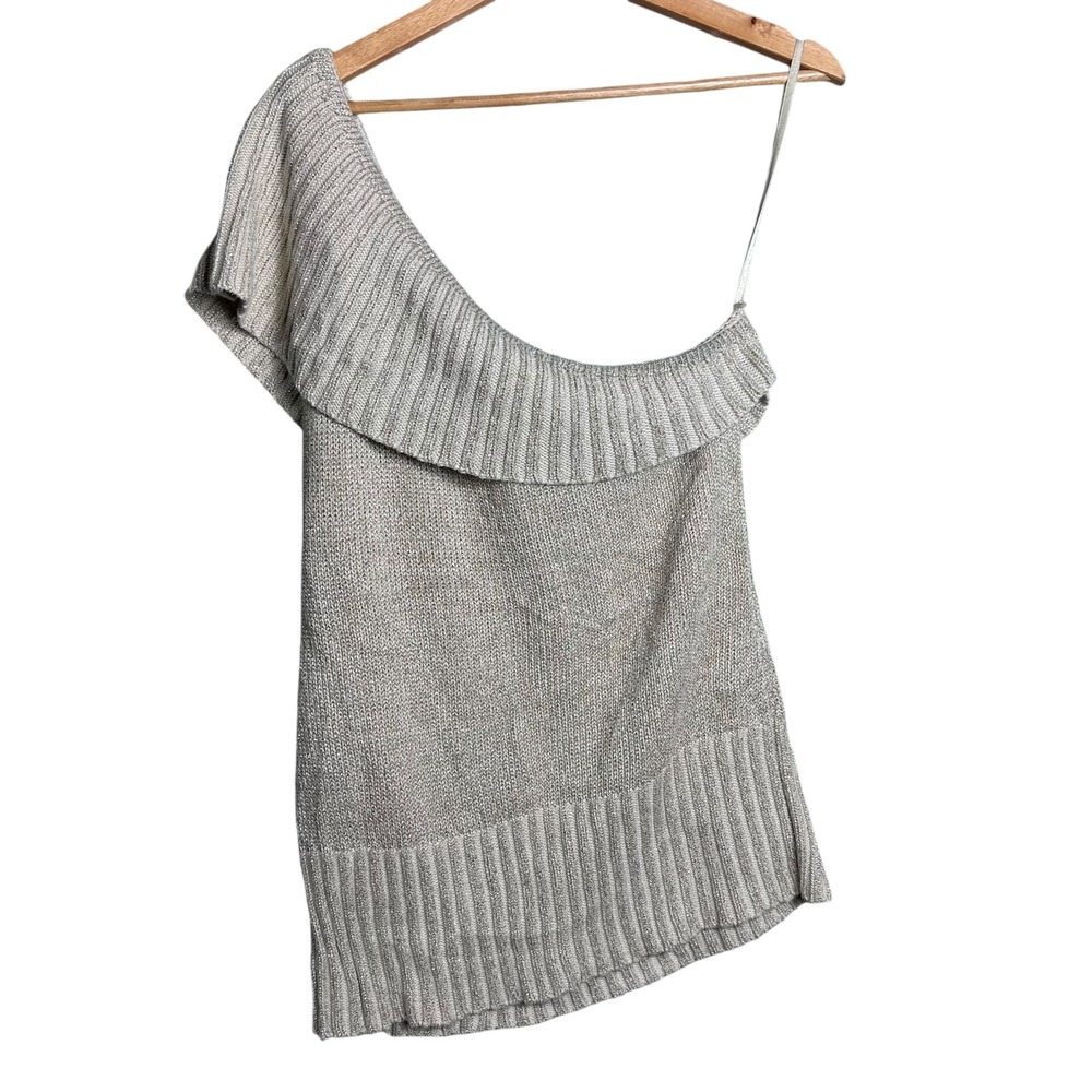 Metallic Knit Asymmetrical Off Shoulder Sweater Top glam party vintage y2k cable